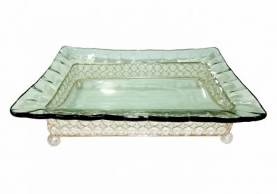Assiette Rectangulaire En Verre Vert Support Metalique Doree