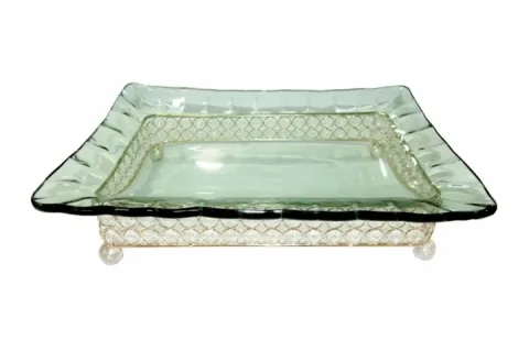 Assiette Rectangulaire En Verre Vert Support Metalique Doree