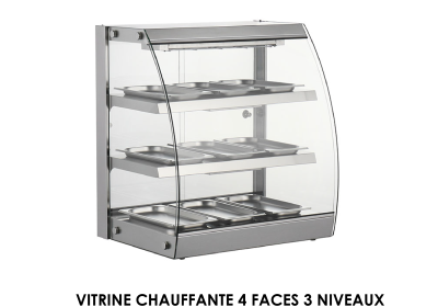 VITRINE CHAUFFANTE 4 FACES 3 NIVEAUX A POSER VERRE BOMBEE OUVERTURE FRONTALE RTR-3D