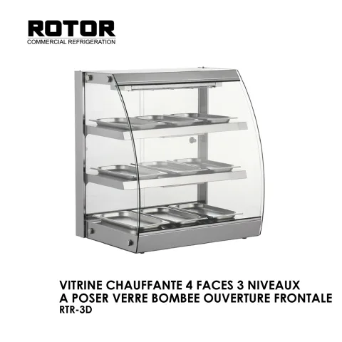 VITRINE CHAUFFANTE 4 FACES 3 NIVEAUX A POSER VERRE BOMBEE OUVERTURE FRONTALE RTR-3D